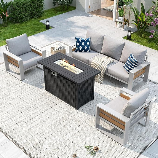 Aoxun Aluminum Patio Furniture Set with Fire Pit Table, 5 Seats Luxury Outdoor Sectional with 6" Olefin Fabric Cushions, Patio Conversation Sets with Waterproof Cover for Backyard, Deck Grey