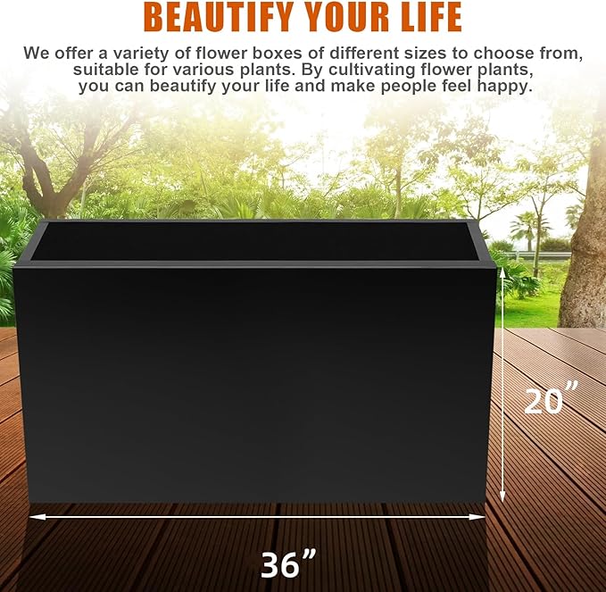 36"x12"x20" Large Metal Planter Box, Heavy-Duty Rust Resistant Steel Planter with Drainage Hole, Modern Rectangular Planter for Outdoor Indoor Patio Garden Yard (Black)