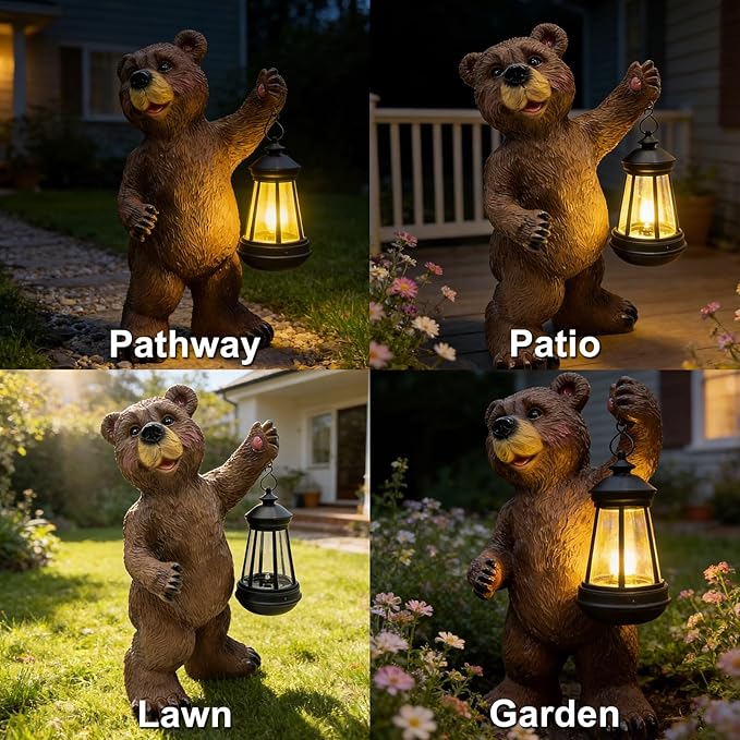 Solar Lantern Garden Statues Decor, 14" Large Outdoor Bear Figurine Lights for Yard Patio Decoration - Unique Christmas Housewarming Gift for Grandma Wowen Mom