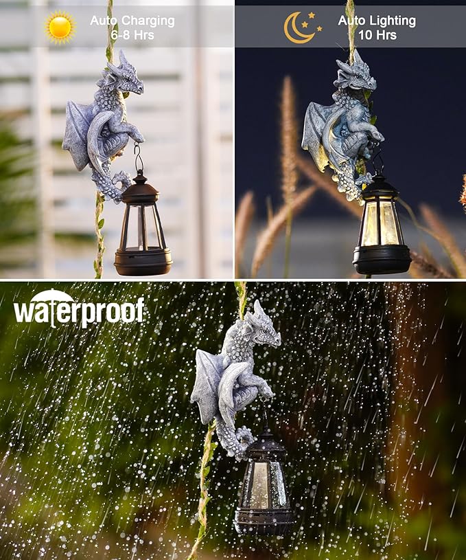 Nacome Dragon Outdoor Statues for Garden: Outside Hanging Climbing Sculptures with Lantern Decor for Yard Art Porch Balcony - Birthday Gifts for Grandma Mom Women