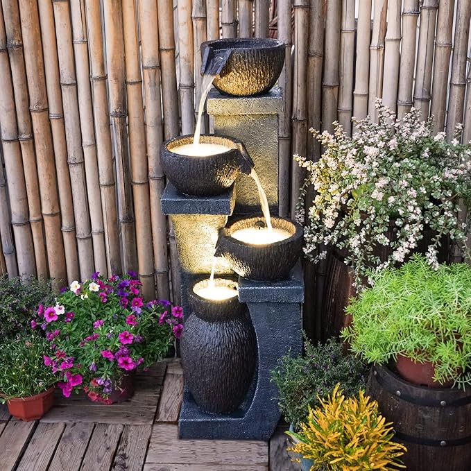 Supmix Outdoor Garden Water Fountain for Garden Patio Backyard Deck Porch and Home Art Decor 4 Tiers Modern Cascading Outdoor Fountains with Lights 37.4”H