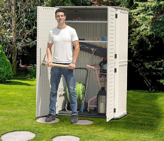 KINYING Outdoor Storage Shed Waterproof, Resin Vertical Storage Cabinet Double-Layered, Versatile to Store Patio Furniture, Garden Tools, Pool Accessories,Mower (66 Cu.ft,White) - Image 5