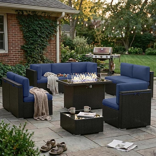 10 Pieces Patio Furniture Set with 44" Propane Gas Fire Pit Table, Outdoor Sectional Wicker Conversation Sofa Sets with Coffee Table
