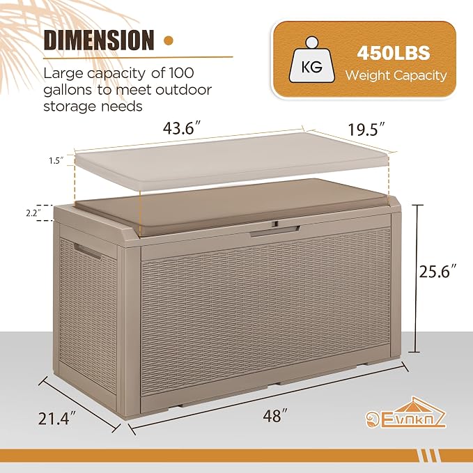 Devoko 100 Gallon Waterproof Large Resin Deck Box Outdoor Storage Box Indoor Lockable Storage Container with Cushion for Patio Furniture Garden Pool Cushions (Light Brown) - Image 6