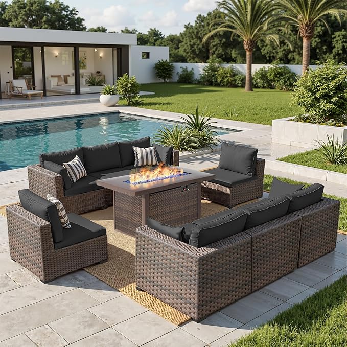 Grezone 9 Piece Patio Furniture Set with 44" Fire Pit Table, Outdoor Sectional Couch, PE Rattan Patio Conversation Sets with 4inch Cushions for Backyard Black