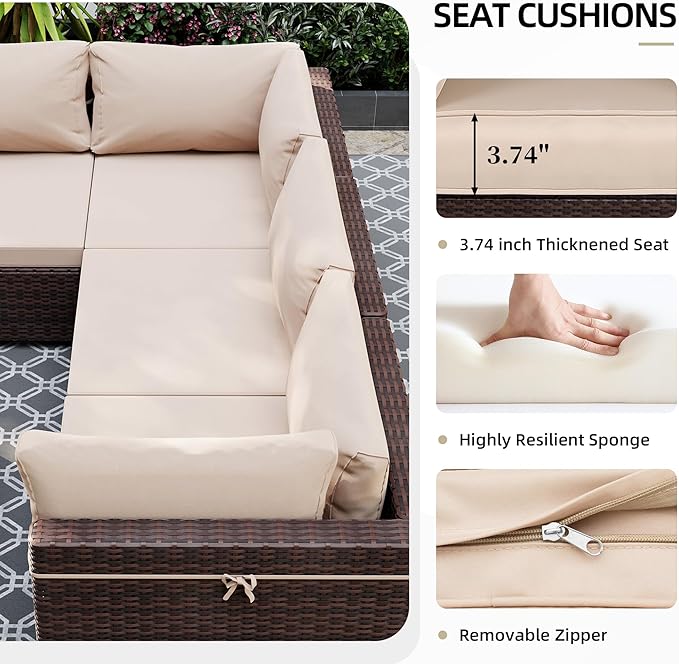 UPHA 9 Pieces Patio Furniture Sets, Wicker Outdoor Sectional Sofa Couch with Coffee Table, Patio Conversation Set for Deck Backyard Garden, Brown Rattan, Beige Cushion