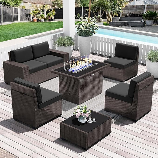 LayinSun 7 Pieces Outdoor Patio Furniture Set with 44" Fire Pit Table Brown Rattan Sectional Sofa Conversation Sets