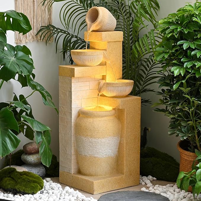 42.52" Outdoor Garden Water Fountain with Lights 4 Tiers Cascading Large Waterfall Floor Standing Fountain for Patio, Backyard, Deck, Porch and Home Art Decor
