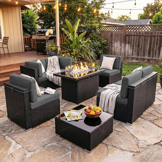 8 Pieces Patio Furniture Set with 44" Propane Gas Fire Pit Table, Outdoor Sectional Wicker Conversation Sofa Sets with Coffee Table