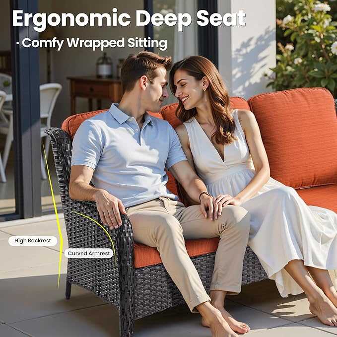 ovios 7-Piece Patio Furniture Set with Swivel Chairs Coffee Table, Outdoor Wicker Sofa with 54" Fire Pit Table, High Back Couch Modern Conversation Sets, Brown/Orange Red
