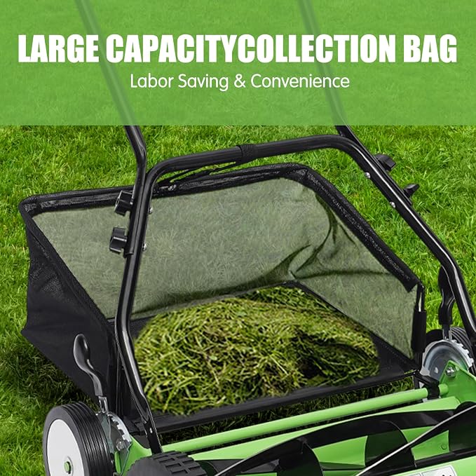 16Inch Reel Mower with 5-Blades, Universal Manual Lawn Mower w/Grass Catcher Adjustable Cutting Height Push Lawn Mower - Image 6