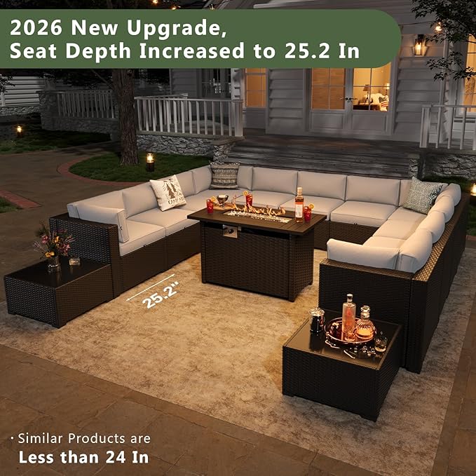 Aoxun 15 Piece Patio Furniture Set with 44” Fire Pit Table, Wicker Rattan Patio Sectional Sofa, Outdoor Furniture Set with Thickened Cushion, Light Gray