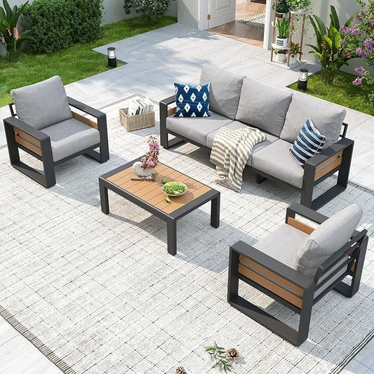 Aoxun Aluminum Patio Furniture Set, 5 Seats Luxury Outdoor Sectional with 6" Olefin Fabric Cushions, Patio Conversation Sets with Coffee Table Outdoor Sofas for Backyard, Deck, Porch Light Grey