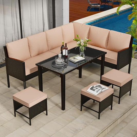 7 Pieces Patio Conversation Set, Outdoor Furniture Sectional with Throw Pillows and Anti-Slip Cushions, PE Rattan Sofa Set with Dining Table & Ottomans, Khaki