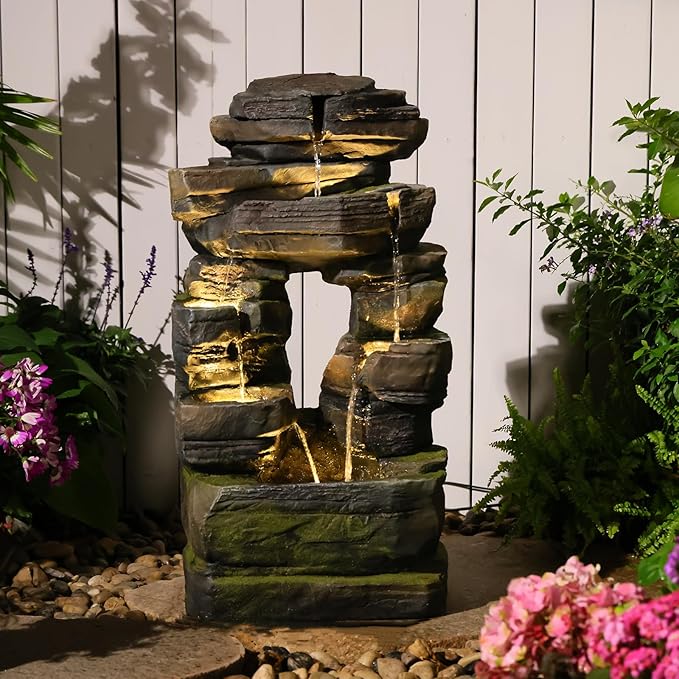 26.4" Outdoor Water Fountain with LED Lights, Stacked Rock Waterfall Fountain, Resin Garden Water Feature for Arch Design, Freestanding Patio, Yard