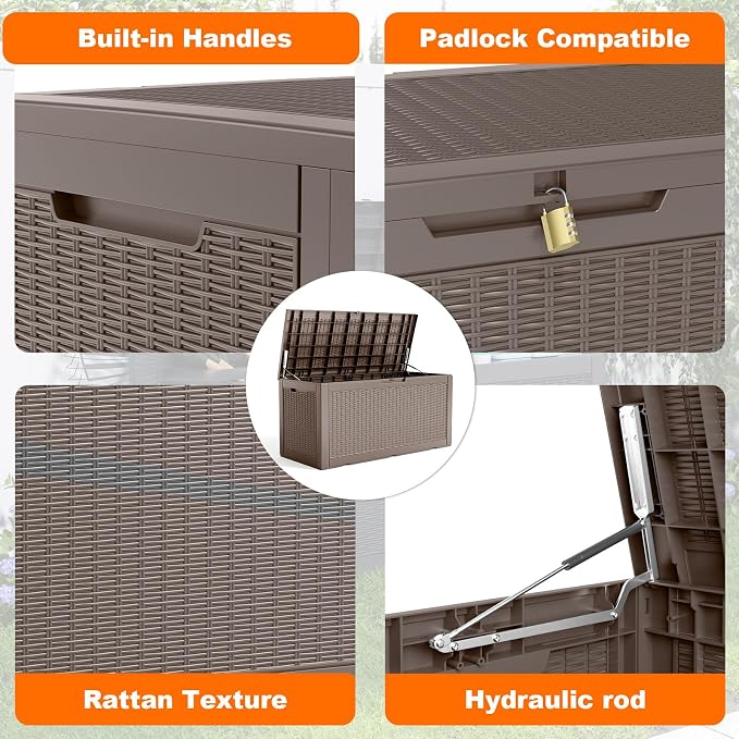 PatioZen 120 Gallon Resin Deck Box, Lockable Patio Outdoor Storage Box for Furniture, Garden Tools and Tools Storage, Waterproof Outside Storage Boxes - Grey - Image 3