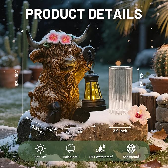 Solar Highland Cow Garden Outdoor Statue,Highland Cow Figurines Sculpture with LED,Farmhouse Decor,Patio Balcony Yard for Pasture & Farm Theme Housewarming Easter Day Gifts for Women Mom