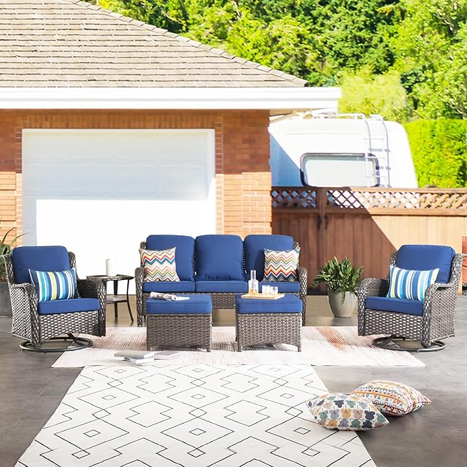 HOOOWOOO Patio Furniture Set,6 Piece Outdoor Furniture Set with Swivel Chairs,Wicker Patio Conversation Couch Chairs Ottoman Set,Navy Blue