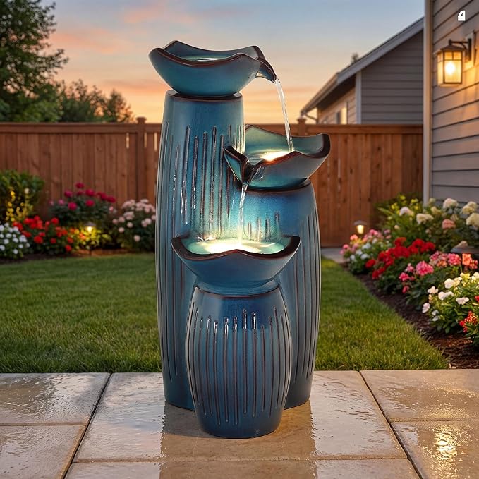 30" H Ceramic Outdoor Water Fountain with LED Lights, 3-Tier Cascading Lotus Bowls Water Feature, Tranquil Waterfall for Relaxing Garden, Patio, Yard, Turquoise, Vertical Striped Texture
