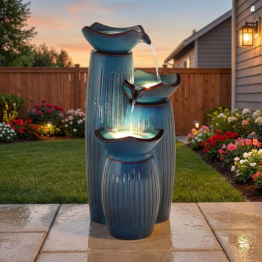 30" H Ceramic Outdoor Water Fountain with LED Lights, 3-Tier Cascading Lotus Bowls Water Feature, Tranquil Waterfall for Relaxing Garden, Patio, Yard, Turquoise, Vertical Striped Texture