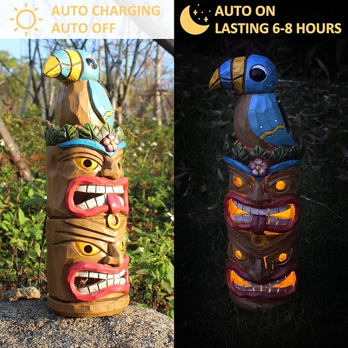 Tiki Statue Totem Pole Decor- 12.32 inch Tall Solar Powered Garden Figurine Tiki Decorations for Tiki Bar Outdoor Patio Balcony Lawn Yard Backyard