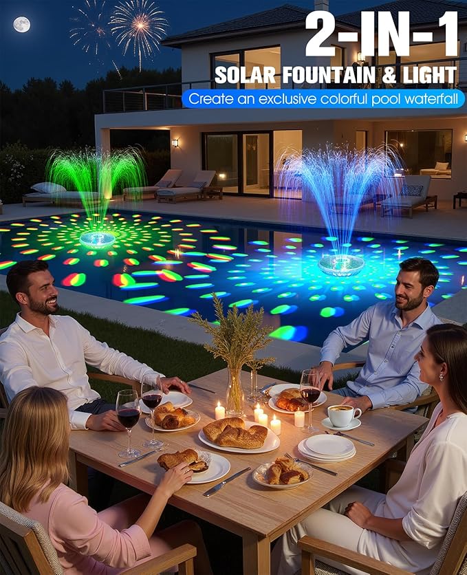 Solar Pool Fountain with Light Show, 2026 Upgraded Large Solar Pool Water Fountain, Floating Pool Fountain for Above Ground Pool,Solar Floating Fountain Pump for Nighttime Use Blue-1PK