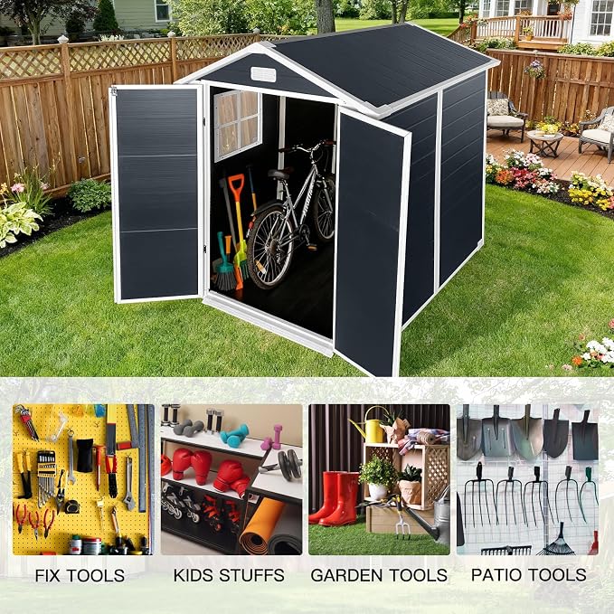 YOPTO 6x6 FT Storage Shed,Plastic Outdoor Storage Shed with Floor and Lockable Door,Waterproof Garden Shed W/Windows & Vents,Sloped Roof,Tool House for Storing Bicycles,Lawnmowers,Cold Grey - Image 3