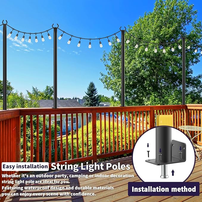 AILBTON 4.8Ft String Light Poles 2 Pack,Light Poles for Outside Lights,Outdoor with Fence Brackets Hanging Lights,Metal Stand Deck Patio Backyard