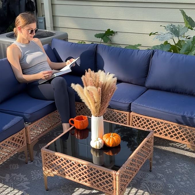 FHFO 7 Piece Patio Furniture Set, Outdoor Wicker Modular Sectional Patio Conversation Set with Thicker Cushion & Tempered Glass Coffee Table for Backyard, Poolside, Porch (Yellow/Blue)