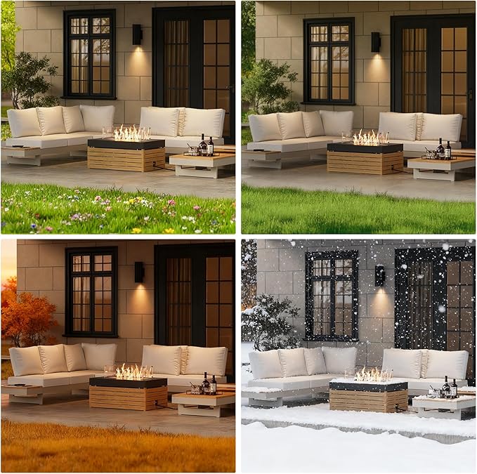 homary Patio Conversation Sets with Fire Pit-Modular Outdoor Sofa Aluminum & Teak Outdoor Sofa Se with Glass Wind Guard Ideal for Patios & Balconies, Light Gray