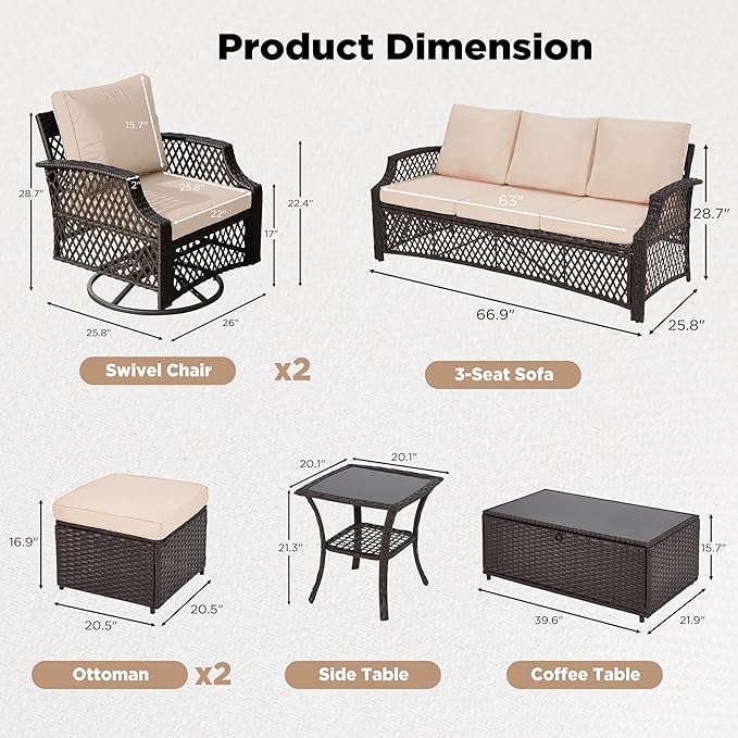 HOMREST 7 Piece Patio Furniture Set, Wicker Outdoor Conversation Set with Swivel Chairs, 2 Ottomans, Storage Coffee Table, Rattan Outdoor Sectional Sofa for Deck Backyard Porch （7 Seats, Khaki