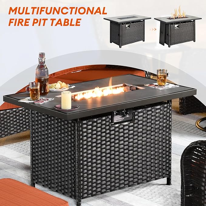 HOOOWOOO Patio Outdoor Furniture with Large Fire Pit Table,High Back 6 Piece Wicker Patio Conversation Set with Swivel Chairs,7 Person Couch Sofa Seating,Orange Red