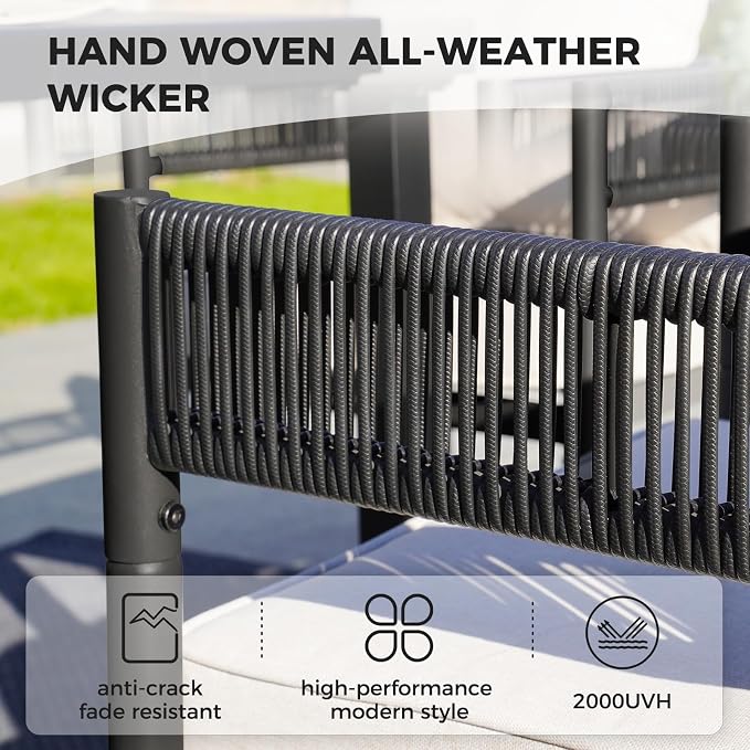 Grand patio 7 PCS Outdoor Dining Set, Patio Table and Chairs Set for 6, Metal Woven Wicker Swivel Patio Chairs with Thickened Cushions & 1 Rectangular Woodgrain Dining Table with Umbrella Hole (Black) - Image 3