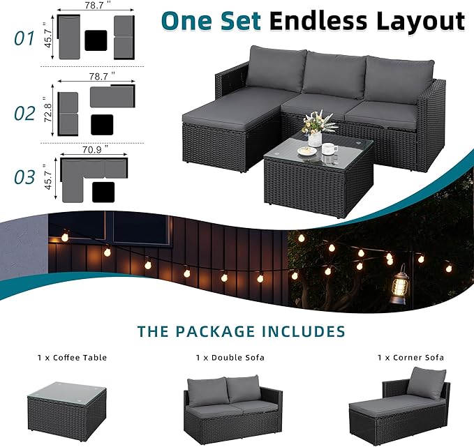SUNLEI 3-Piece Patio Sectional Sofa, Outdoor PE Rattan Patio Conversation Sofa Set with Detachable Soft Cushions, Patio Furniture Set with Glass Coffee Table & Ottoman, Black Rattan/Grey