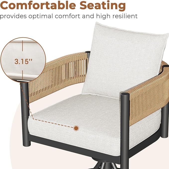 Grand patio Outdoor Dining Set for 6, 7PCS Patio Table and Chairs Set, Metal Woven Wicker Swivel Patio Chairs with Thickened Cushions & Rectangular Woodgrain Dining Table with Umbrella Hole (Natural) - Image 6