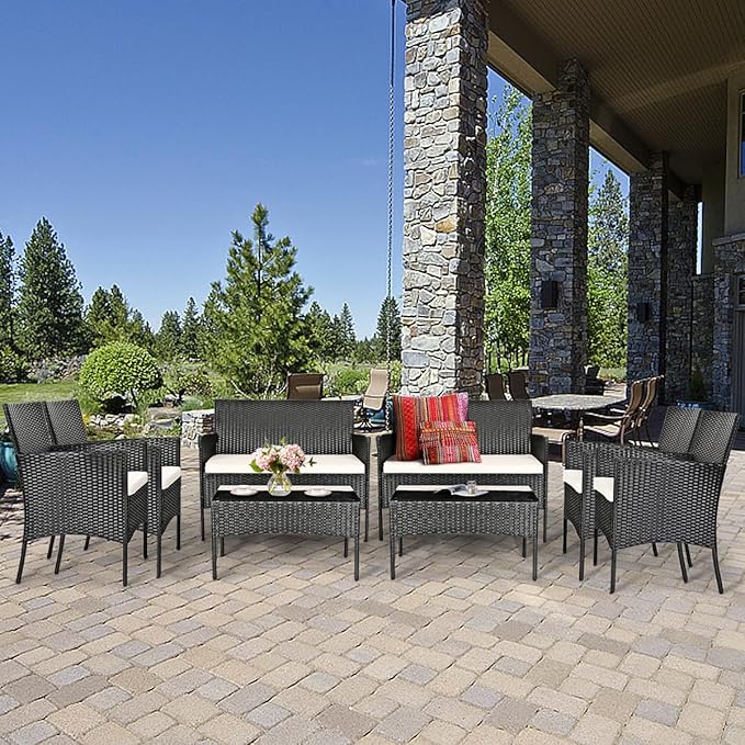 8 Pieces Patio Furniture Set, Outdoor Conversation Set with Ergonomic Curved Backrest, Patio Chair Set with Water-Resistant Cushion & Tempered Glass Table for Balcony,Porch,Poolside(Beige)