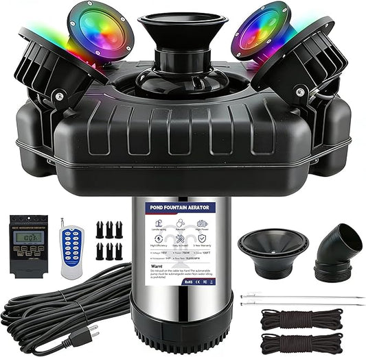 Pond Fountain Aerator with Lights 750W 110V 1 HP with Dynamic RGB Lighting 9 Adjustable Modes Digital Timer | 15,000 GPH 100FT Cord - for Large Ponds Lakes & Outdoor Water Features
