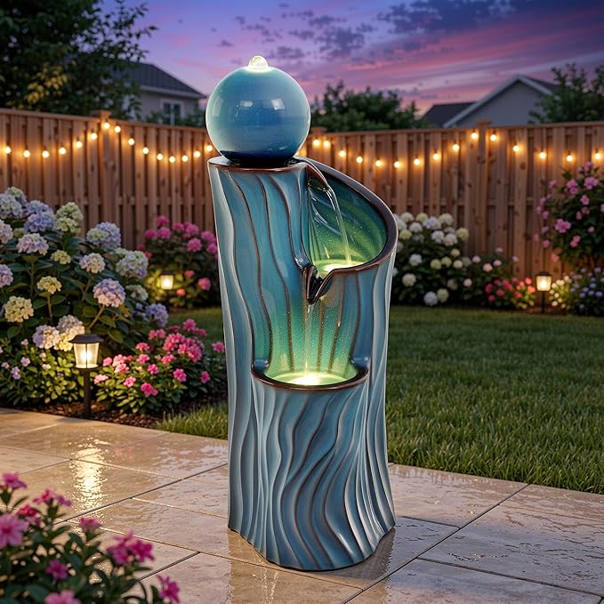 32" H Ceramic Outdoor Water Fountain with LED Lights, 3-Tier Cascading Sphere Water Feature, Tranquil Waterfall for Relaxing Garden, Patio, Yard, or Porch, Turquoise, Dynamic Wave-Texture