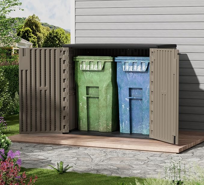 ZZM 37 Cu.ft Outdoor Storage Shed Double-Wall HDPE Storage Cabinet, Waterproof Plastic Sheds with Floor Horizontal Lockable Garden Tools Trash Can, Lawn Mower, Bike Storage, Brown - Image 3