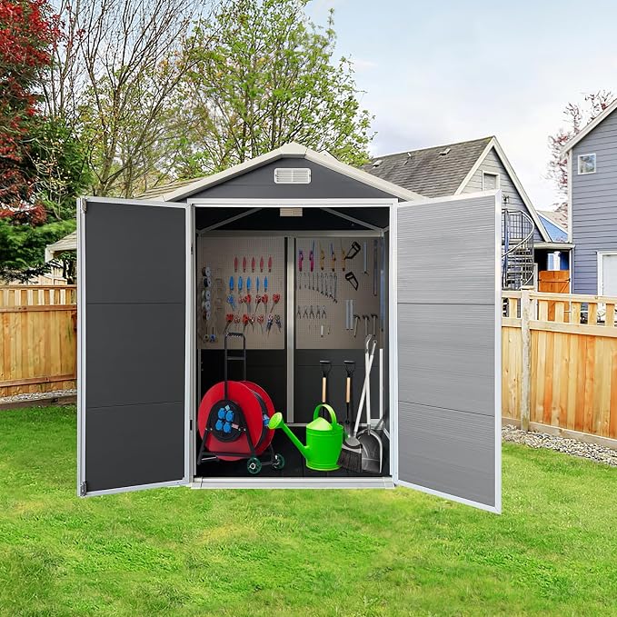 YOPTO 6x4 FT Plastic Storage Shed,Outdoor Storage Shed with Floor and Lockable Door,Waterproof Garden Shed W/Windows & Vents,Sloped Roof,Tool House for Storing Bicycles,Lawnmowers,Gray - Image 6
