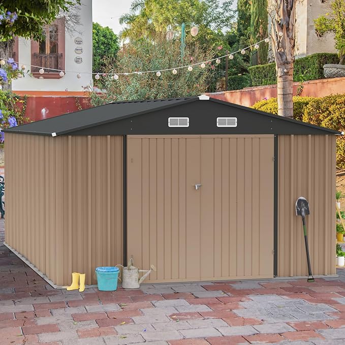 GUNJI 10 x 10 FT Shed Outdoor Storage Shed Metal Garden Shed with Lockable Door Outside Waterproof Tool Shed for Backyard, Patio, Lawn (Brown) - Image 6