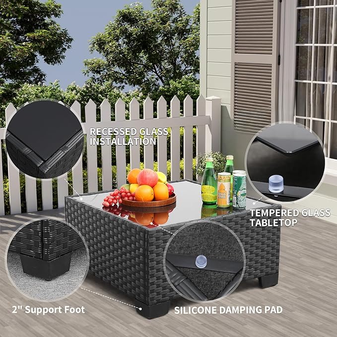 10 Pieces Outdoor Sectional All-Weather Wicker Patio Furniture Set Patio Sectional and Steel Fire Table and Glass Patio Table Non-Slip Cushions and Waterproof Covers, Navy Blue