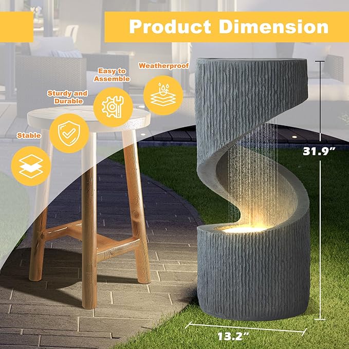 MAGIC UNION Outdoor S-Shaped Water Fountain, Spiral Waterfall Indoor Fountain Outside Garden Decor with LED Lights & Pump, Curved Patio Resin Fountains for Yard, Deck, Porch and Home Decorations