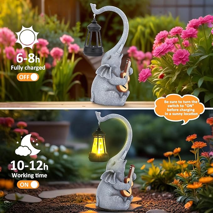 Solar Garden Decor Elephant Statue Lights, Outdoor Shatter-Resistant Resin Garden Statue Decoration for Yard Lawn Home, Unique Birthday and Housewarming Elephant Gifts for Women Mom
