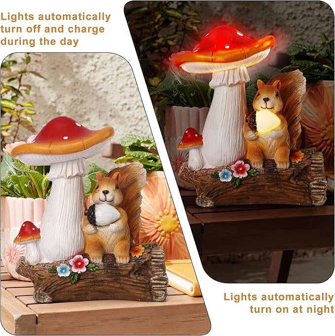 Solar Garden Statue Outdoor Decor, Squirrel & Mushroom Figurines with LED Lights, Yard Decorations for Patio, Balcony, Backyard, Lawn Ornaments, Unique Gift for Women, Mom, Grandma