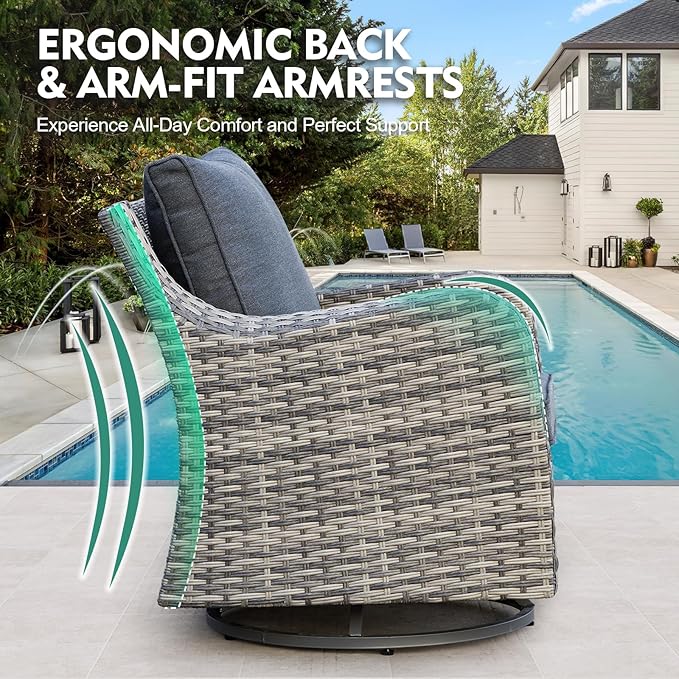 MEISSALIVVE 7 Pieces Outdoor Patio Furniture Set with Swivel Chairs, Wicker Patio Conversation Set, Patio Sectional Furniture Set with with Loveseat, 2 Ottomans and Dining Table (Grey)
