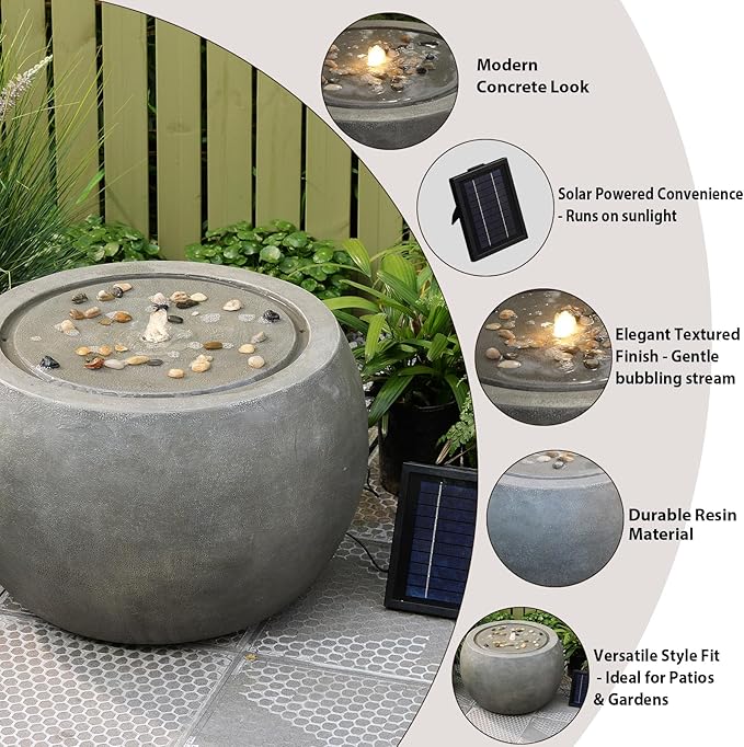 Solar Water Fountain Outdoor Garden Bubbler Large Water Feature Outdoor Fountains Solar Powered with Pebbles for Patio Deck Yard Home Decor Gray, 25 "L X 25" W X 17.5" H