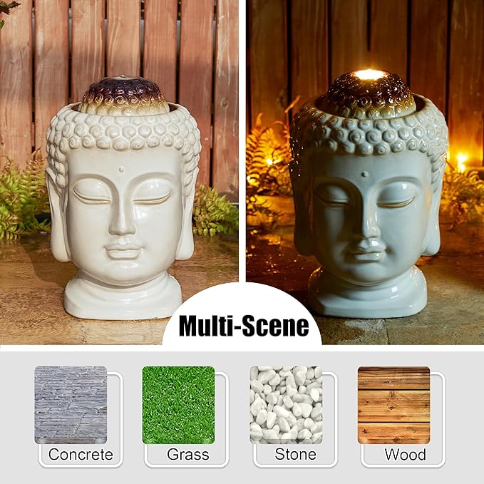 Glitzhome Buddha Head Ceramic Outdoor Fountain with LED Lights, Zen-Style Outdoor Water Fountains for Porch Deck Garden Patio Backyard, Sand Beige Textured Glaze Floor Table Water Fountain, 18.75" H