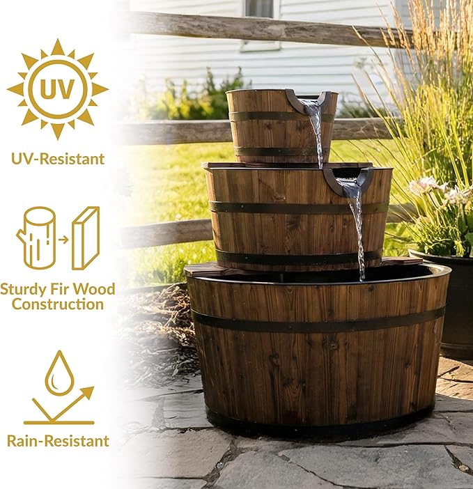 Sunnydaze 3-Tier Wood Barrel Water Fountain - 30-Inch Outdoor Water Fountain Barrel with Submersible Pump - for Garden, Patio, Decks