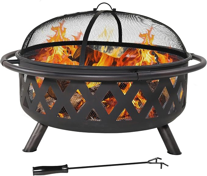 Sunnydaze Crossweave Outdoor Fire Pit - Wood-Burning Fire Pit for Outside with Spark Screen, Poker and Round Cover - 36-Inch - Black by SunnydazeDecor